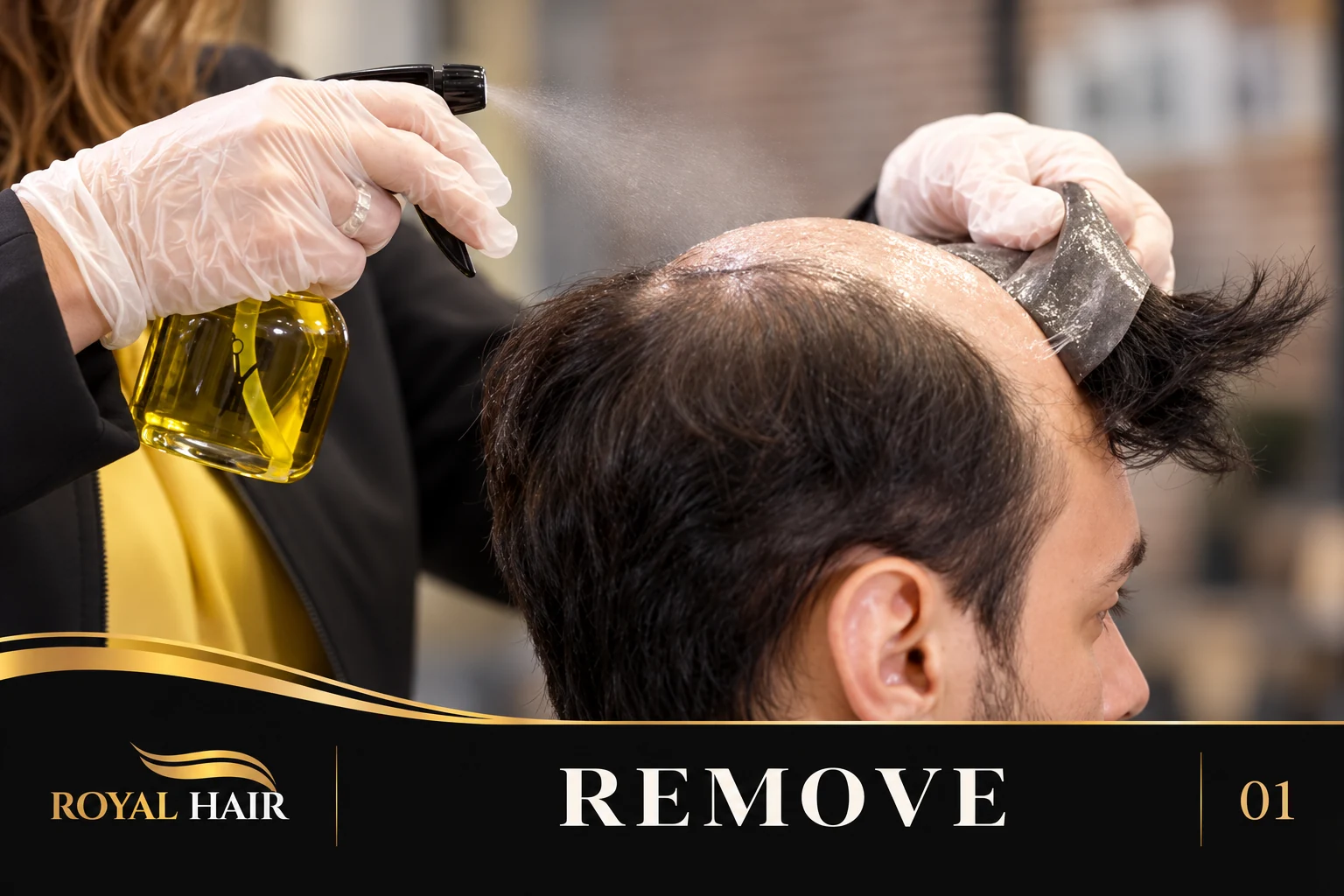 Technician removing a hair system and cleaning adhesive