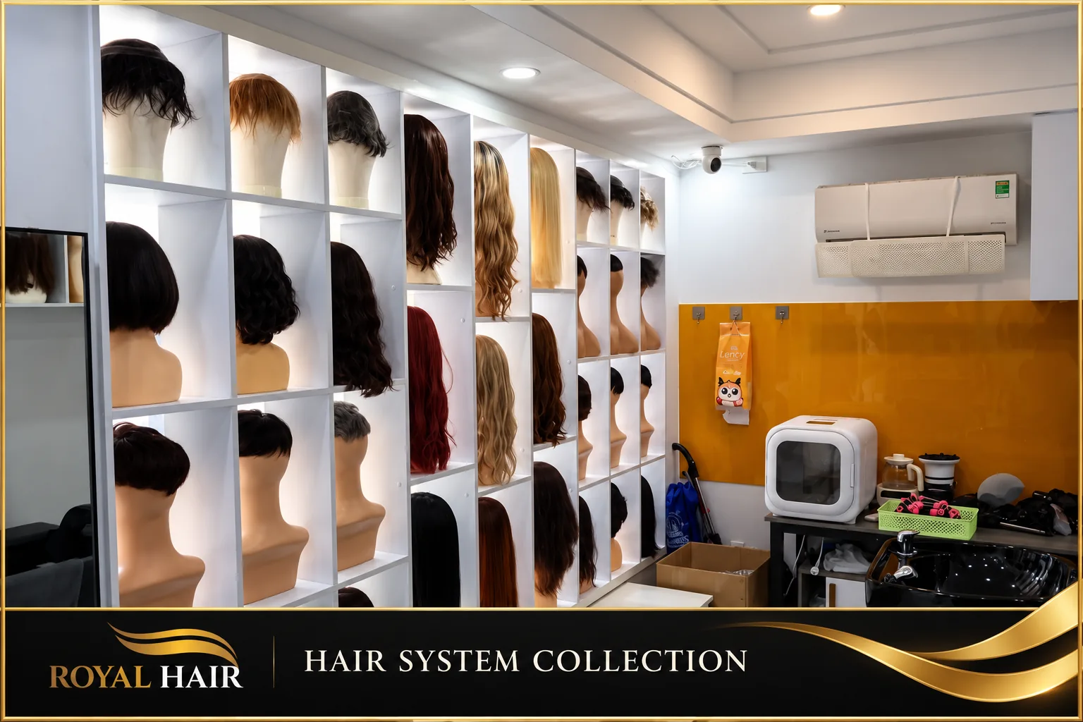 Hair systems and wigs displayed inside Royal Hair